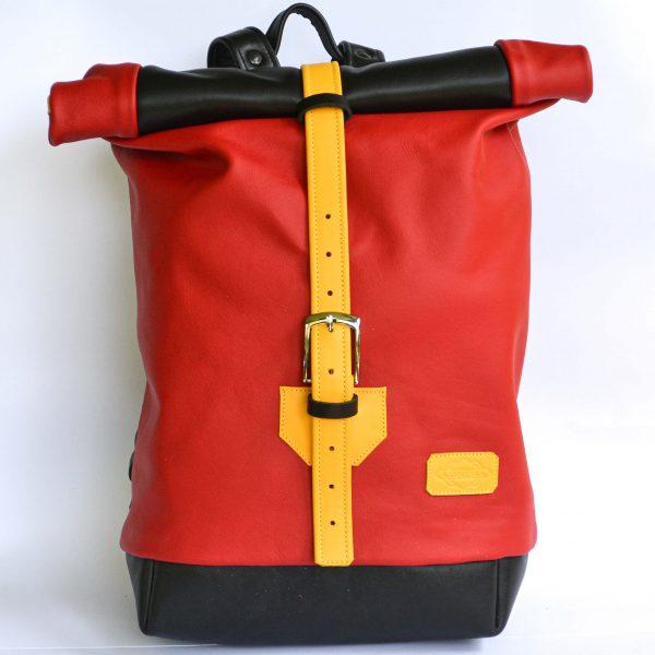 Egyedi, kézzel készített bőr rolltop hátizsák - piros-sarga