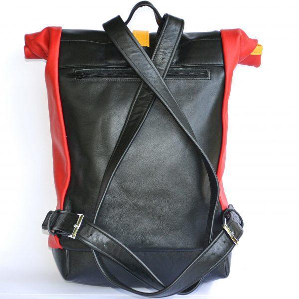 Egyedi, kézzel készített bőr rolltop hátizsák - piros-sarga