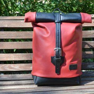 Kézzel készített bőr rolltop hátizsák - Piros