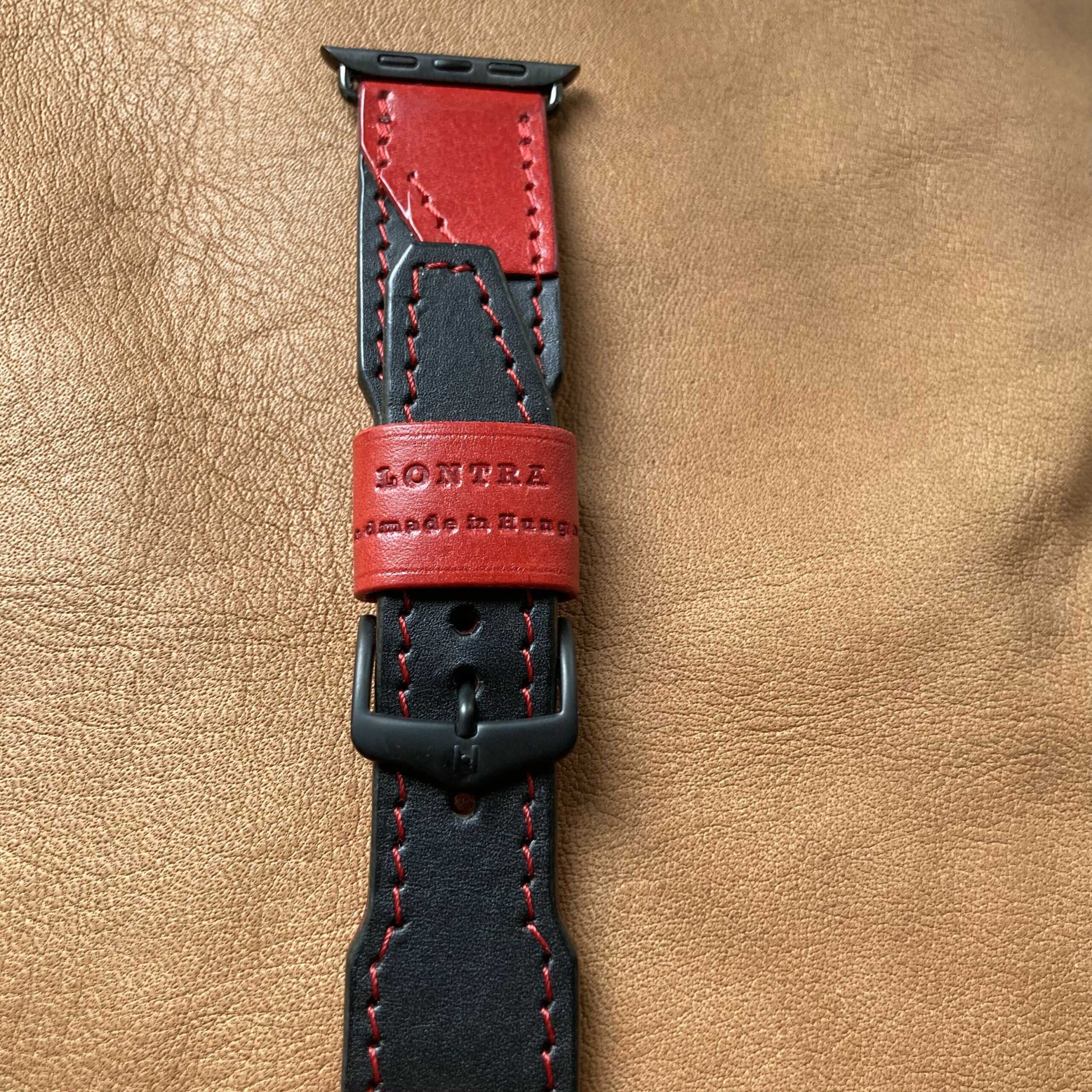 Piros-fekete bőr óraszíj – 22-20 mm, unisex karórához | Lontra - Image 3