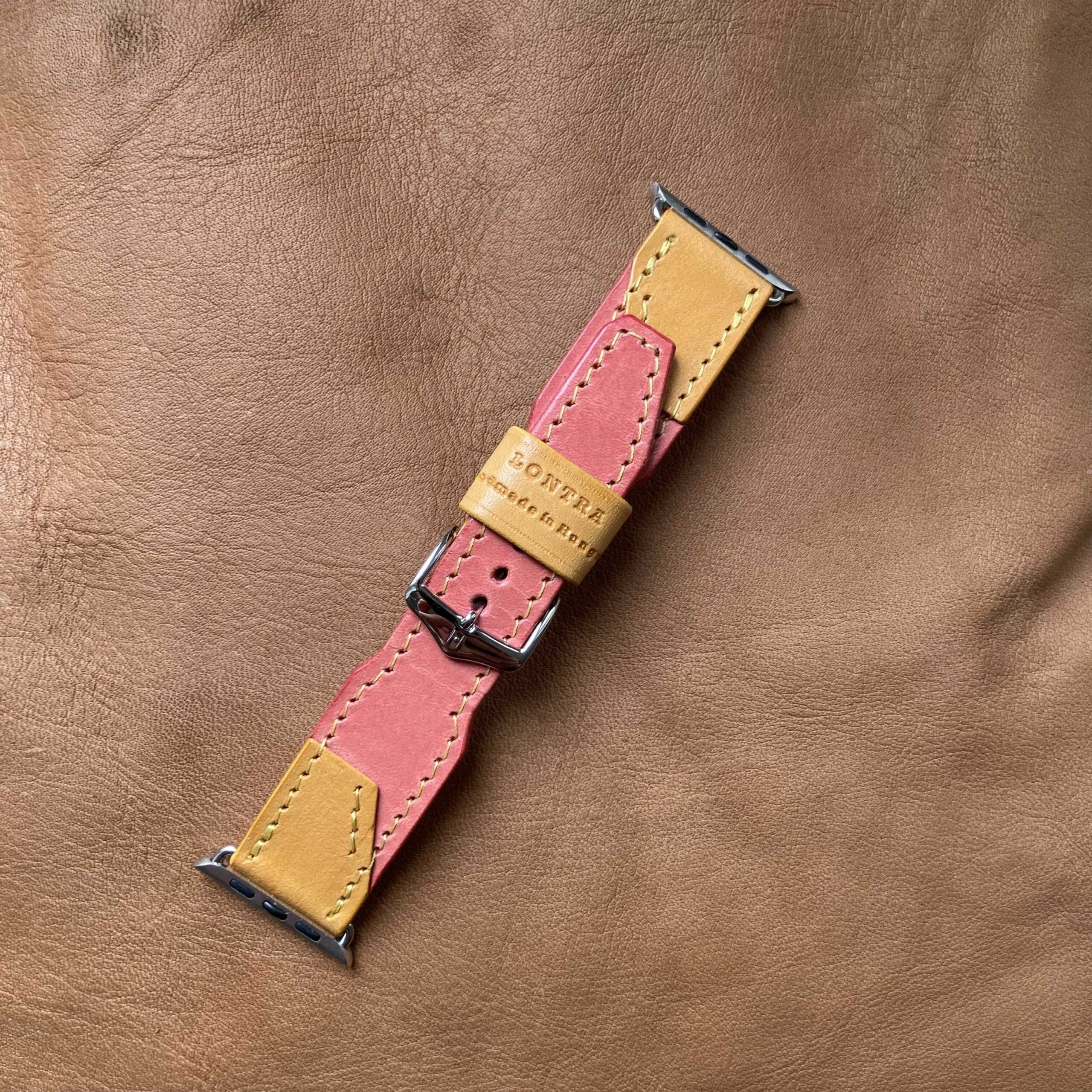 Pink-sárga bőr óraszíj – 22-20 mm, unisex karórához | Lontra