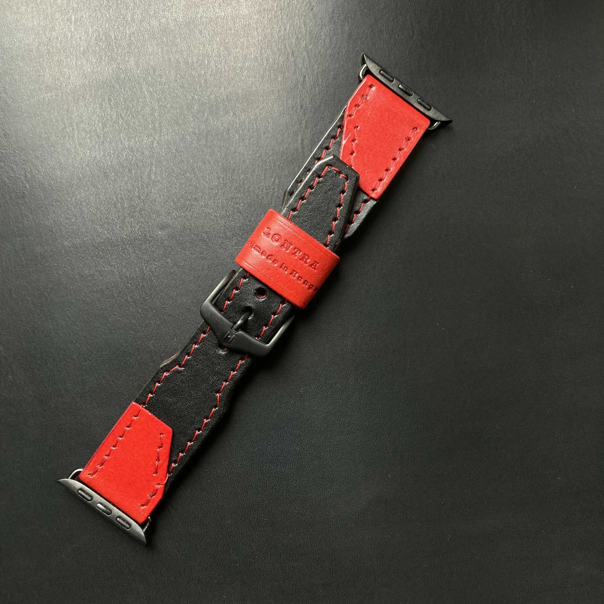 Piros-fekete bőr óraszíj – 22-20 mm, unisex karórához | Lontra